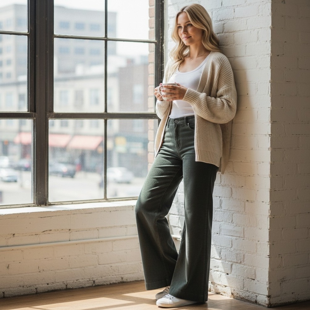 Faherty Stretch Cord Wide Leg Pant Moss Green Size 28 Fall Grudge Retro